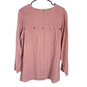 Vintage Pink Linen Blouse Boho Cottagecore Button Detail Tunic Top M USA